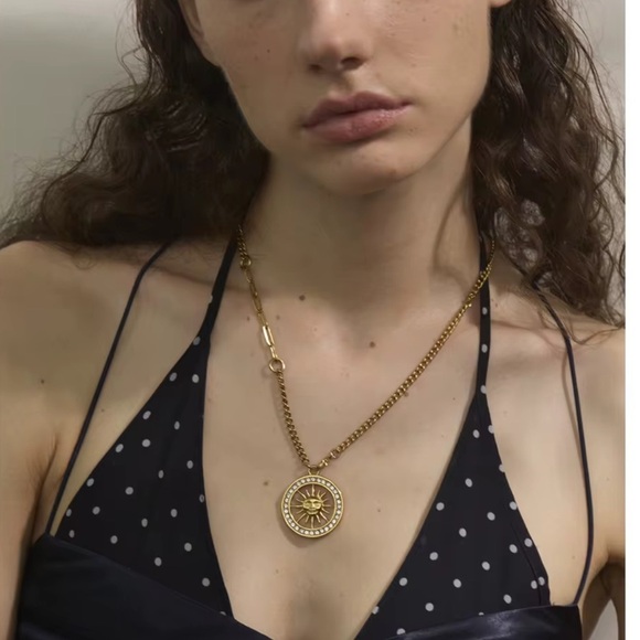 Sun Medallion Pendant Necklace Stainless Steel Gold Plated with Cubic Zirconia - Picture 3 of 10